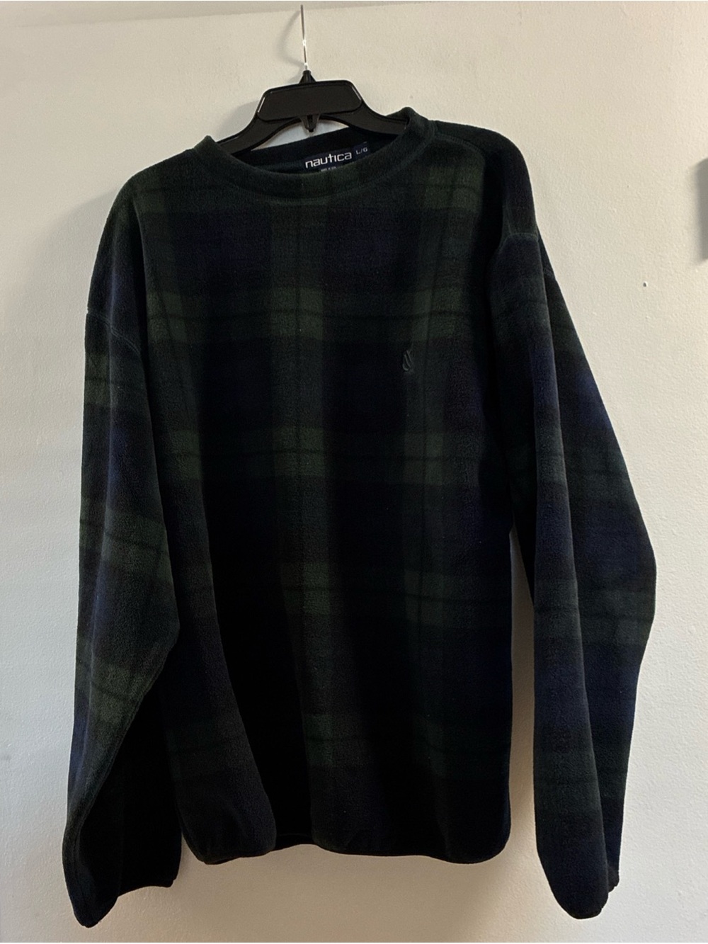Vtg Nautica Men's Dark Green & Navy Fleece Plaid Crewneck Sweater